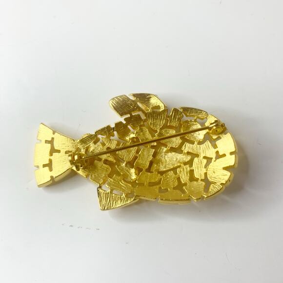Vintage Textured Gold Tone Enamel Fish Brooch Pin MCM Mosaic 2.5" - Picture 2 of 5